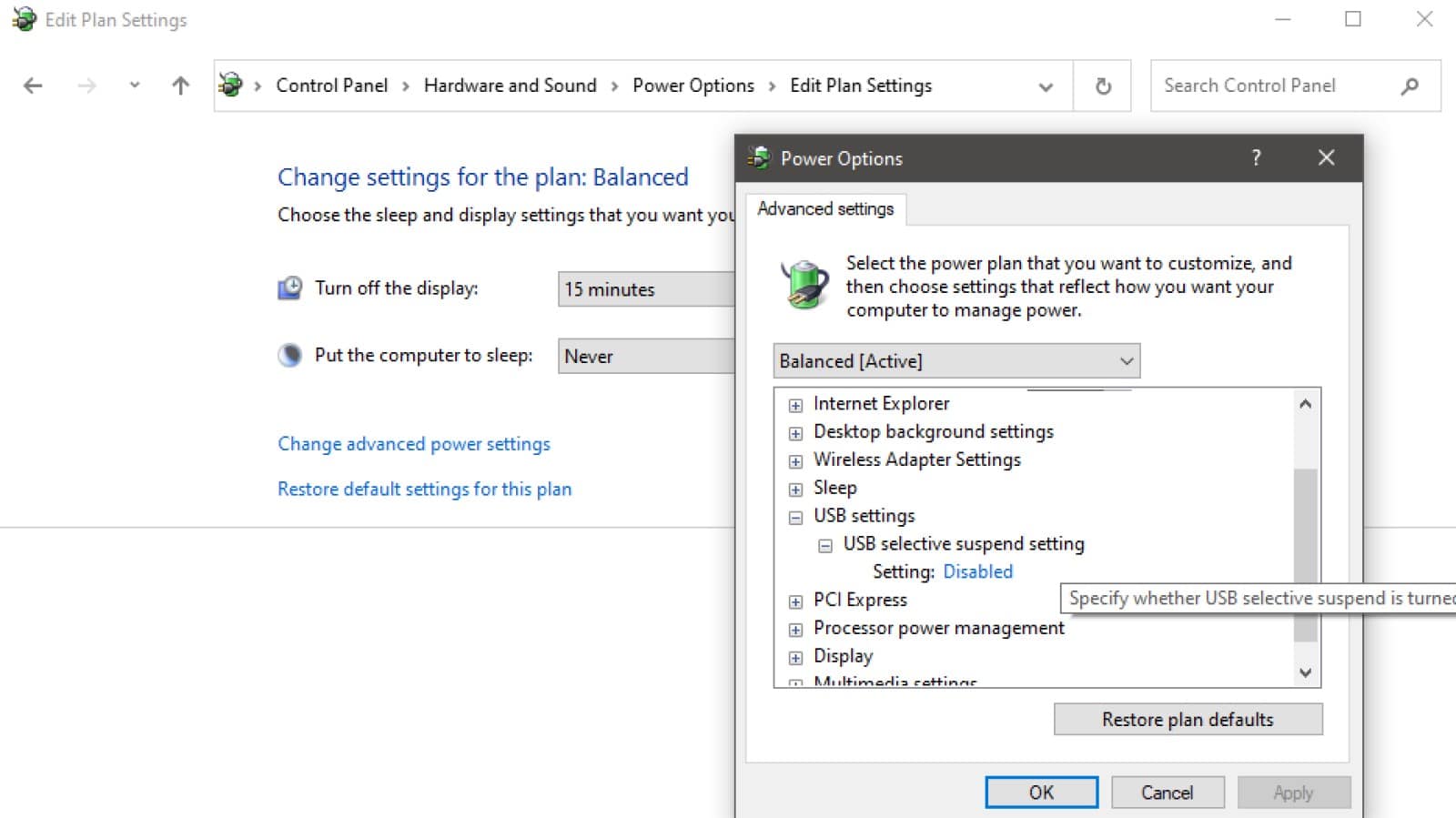 usb selective select settings in windows power plan settings