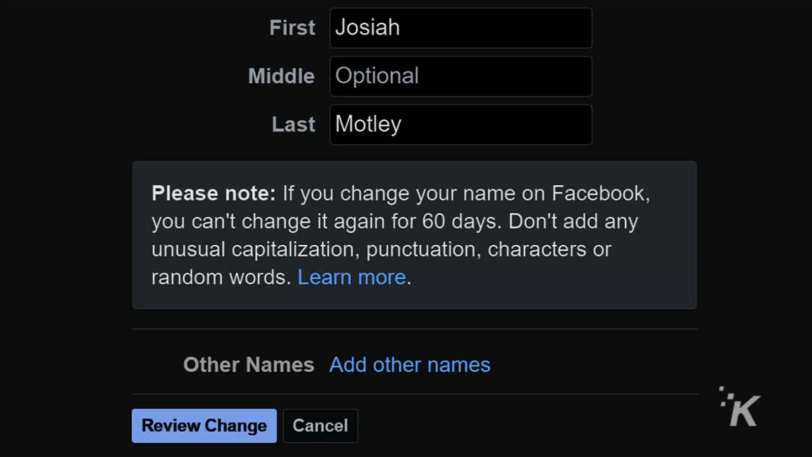 facebook name change
