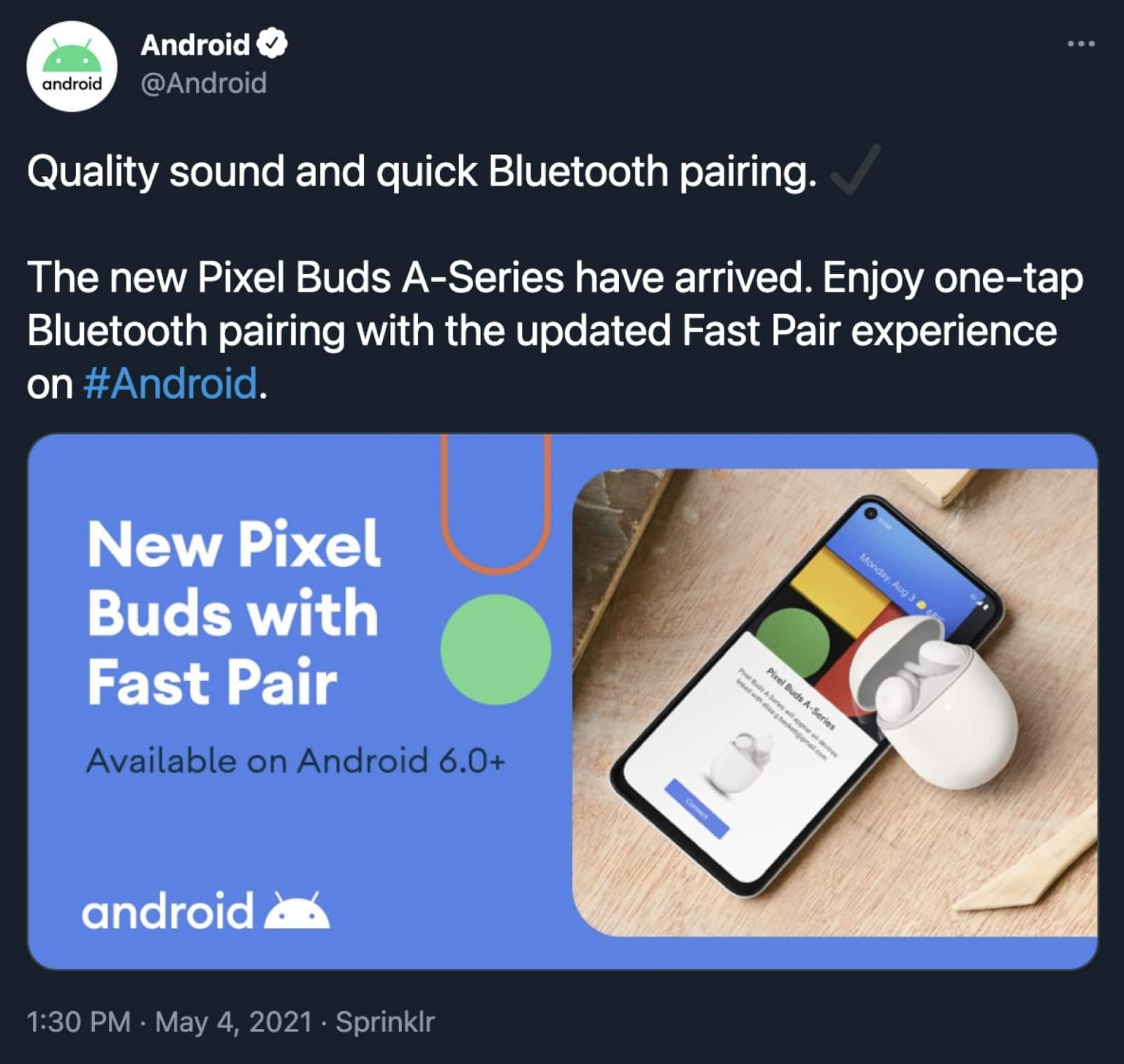 Android twitter account now-deleted tweet showing the pixel buds a-series