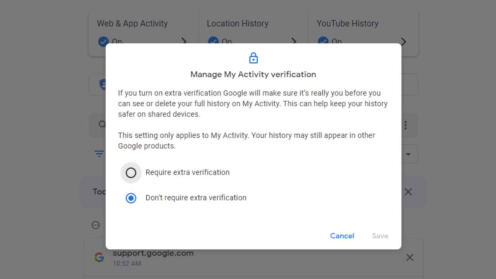 Screenshot of the google my activity page showing how to turn on extra verification