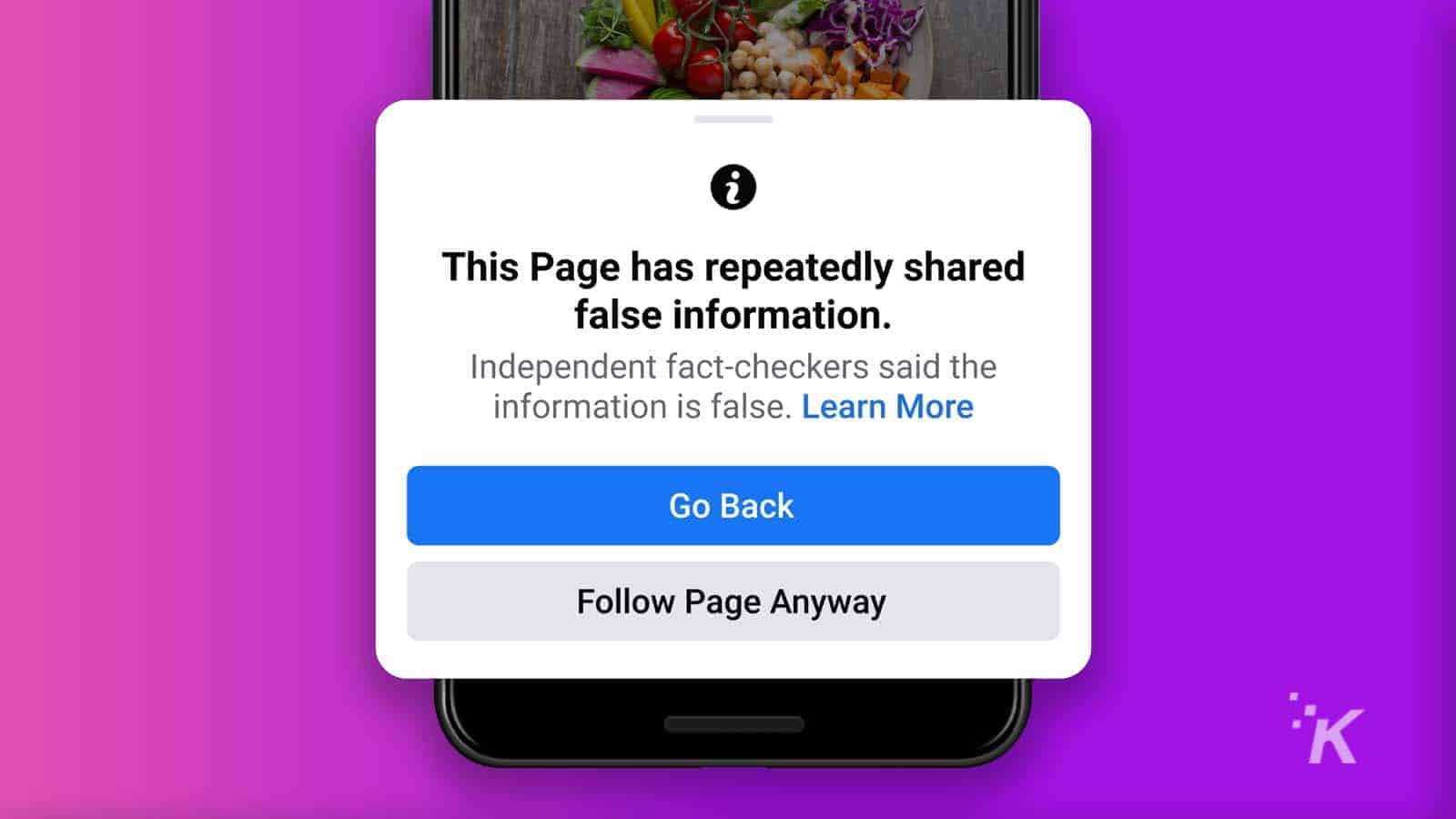 Facebook false information prompt