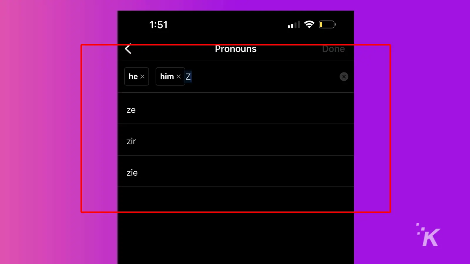 instagram pronouns menu