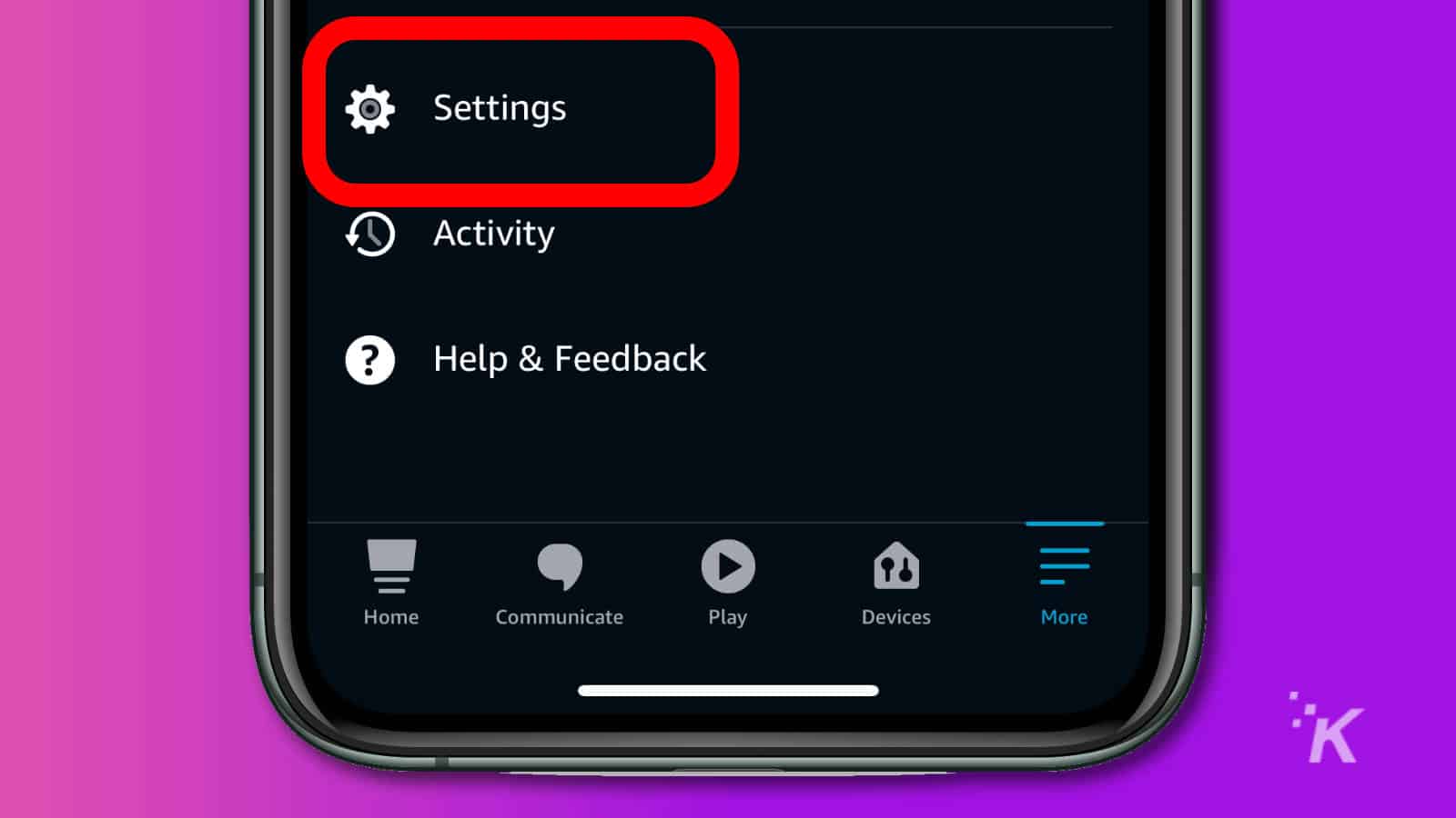 Amazon alexa app showing settings menu