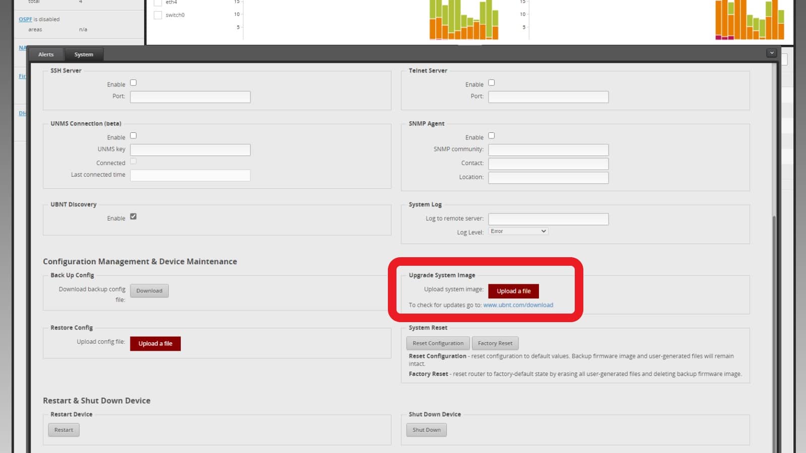 router admin panel of ubiquiti edgerouter x showing the firmware upgrade option