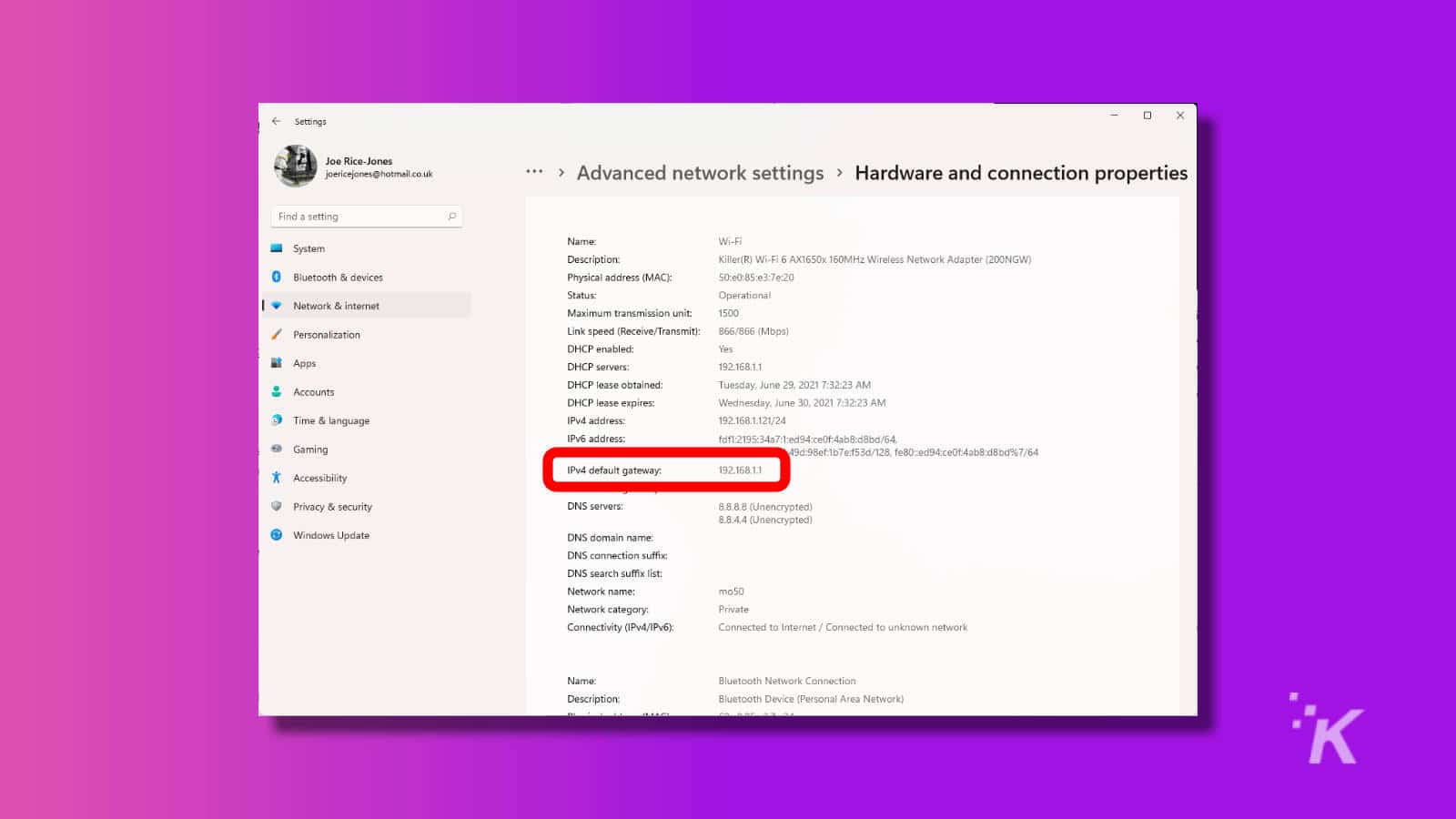 Windows hardware and connection properties settings page