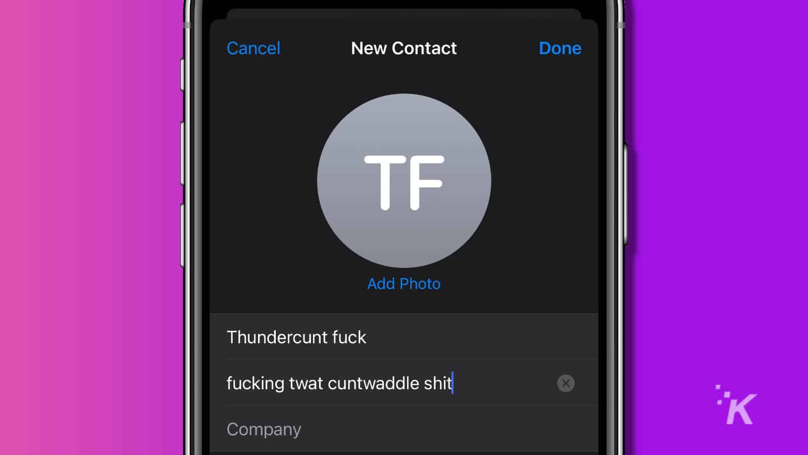 ios contact create with swear words as name fields