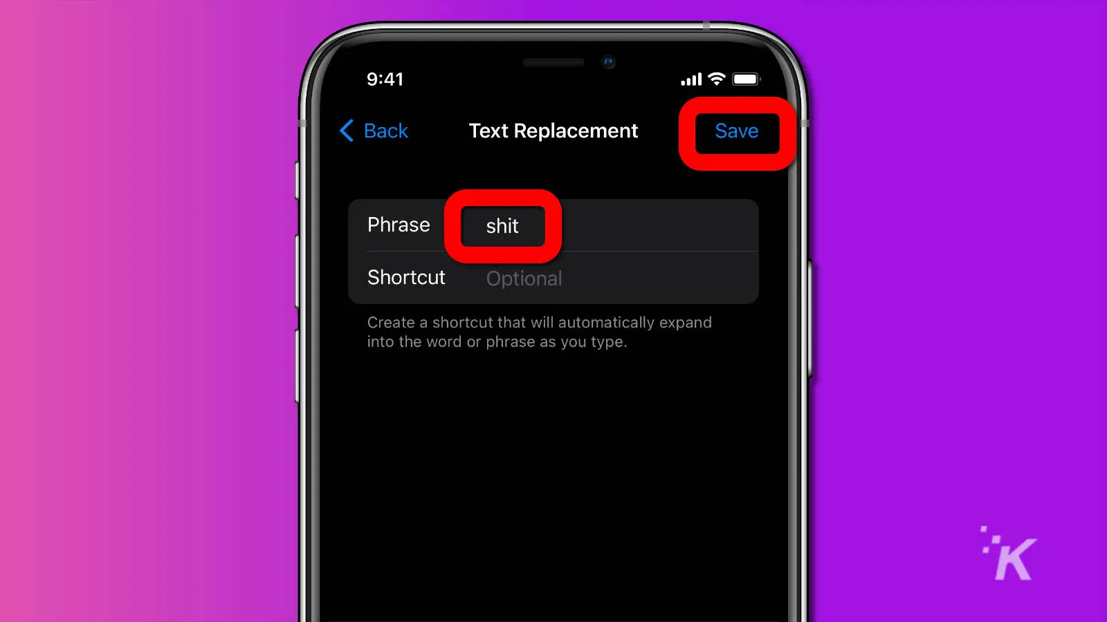 screenshot of adding a text replacement on ios