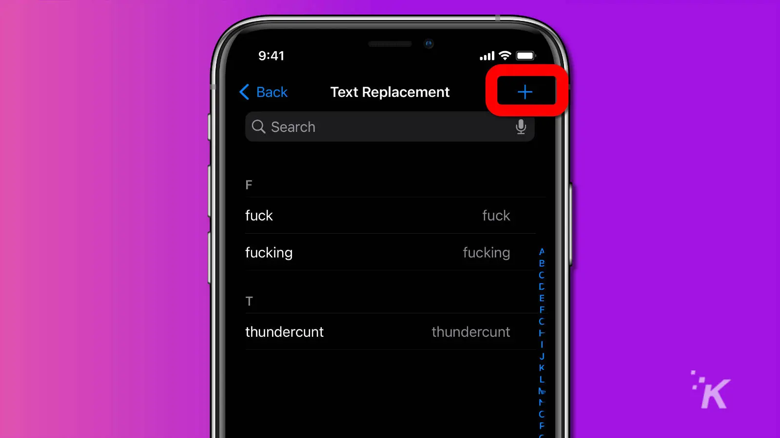 screenshot of text replacement menu on ios