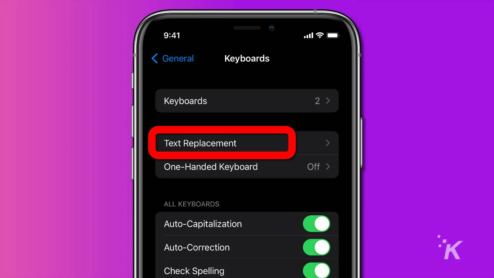 screenshot of text replacement menu item on ios