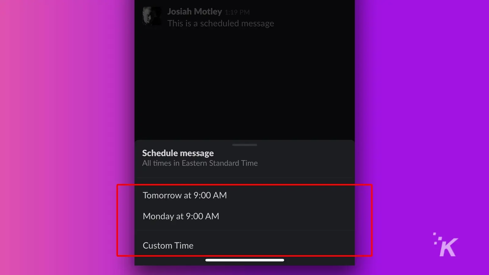 slack schedule message option mobile