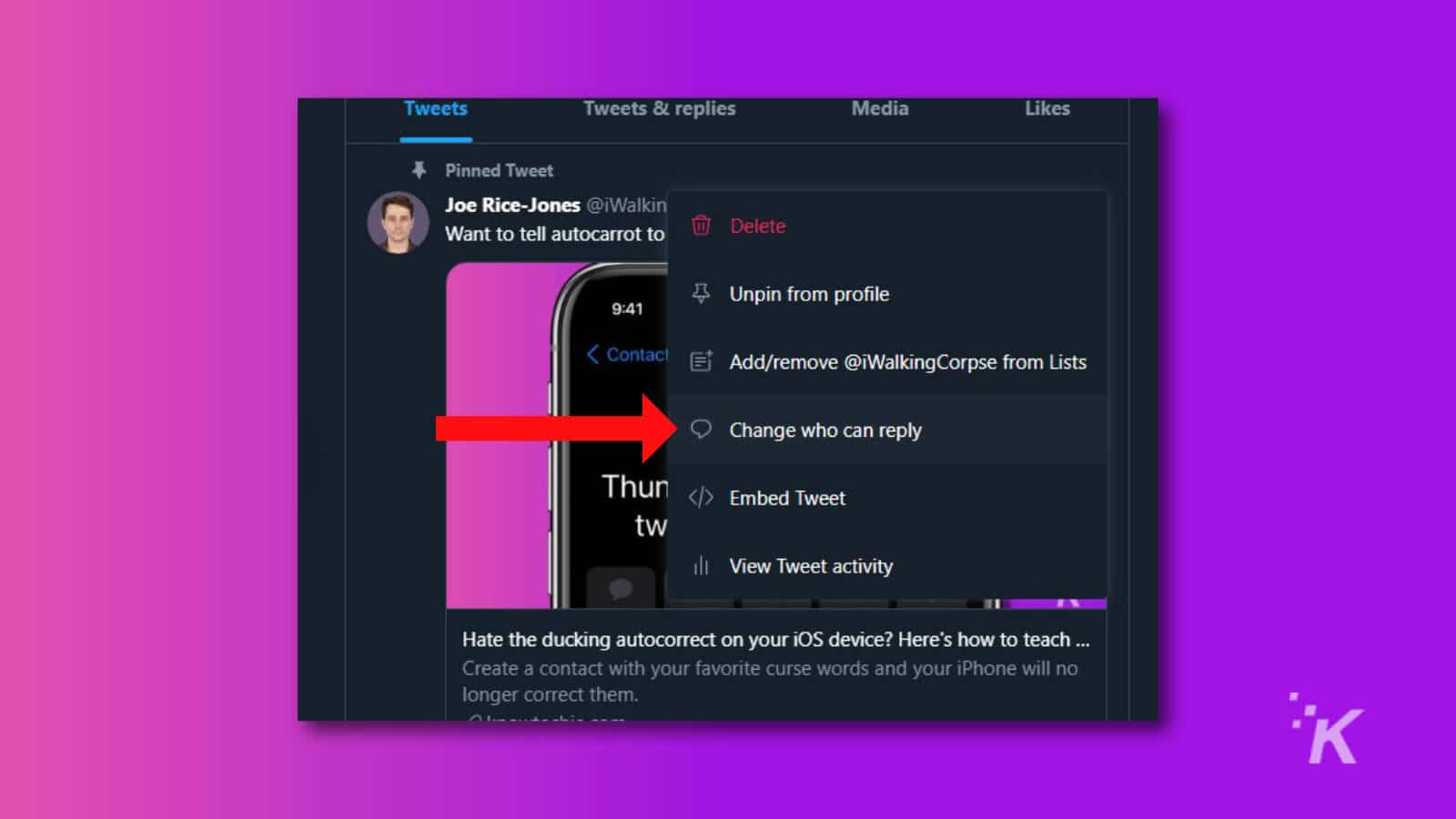 Tweet showing the settings menu with who can reply highlighted