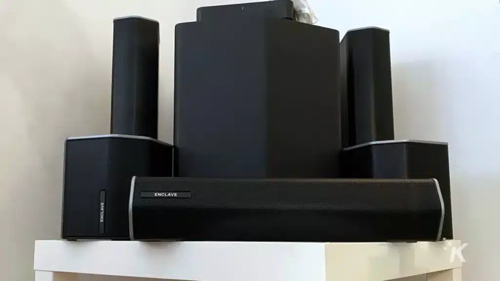 Enclave cinehome 2 system grouped showing subwoofer, two front speakers, two rear speakers and center speaker