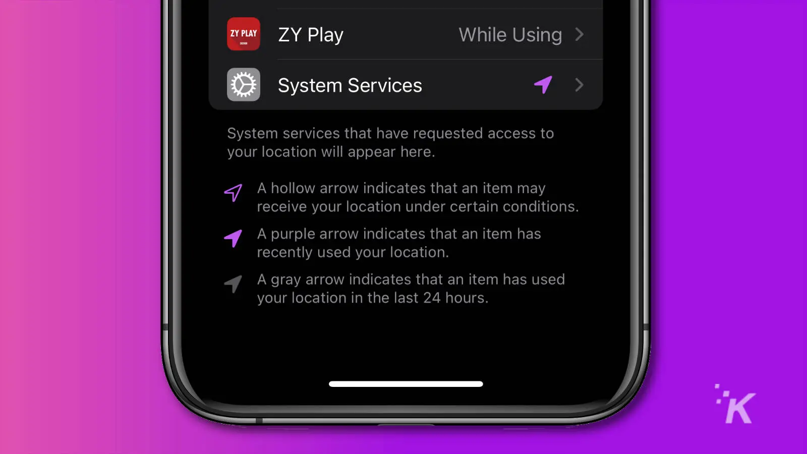 ios privacy settings menu showing system services