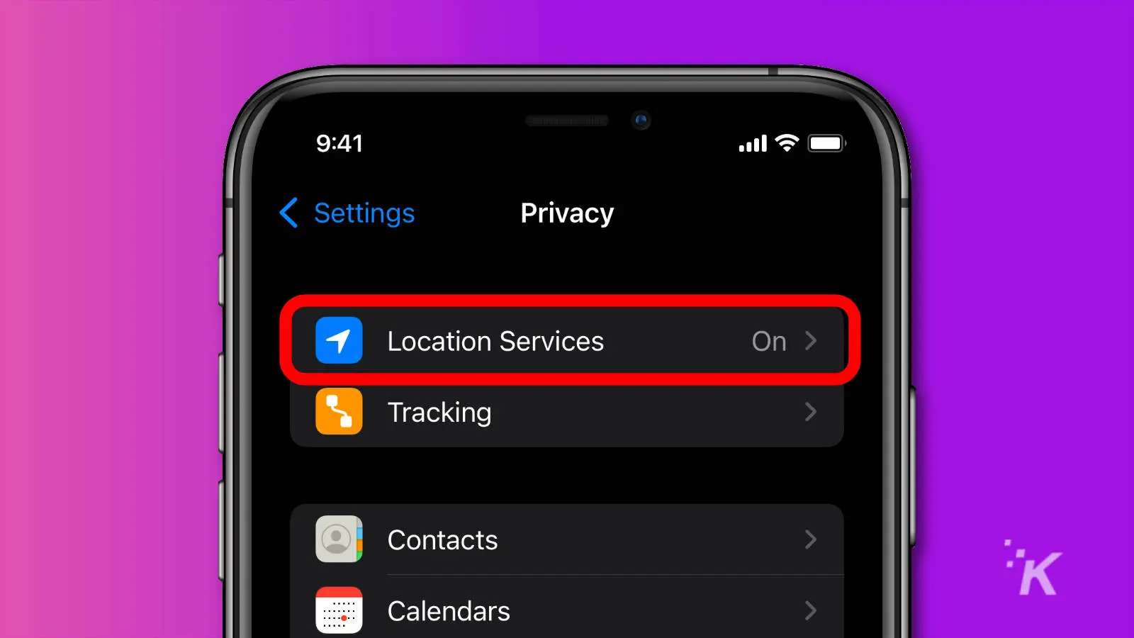 ios privacy settings menu showing location services option