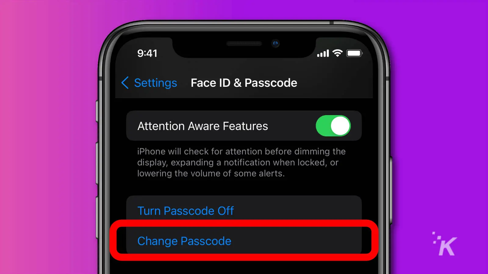 ios settings face id and passcode showing where to tap for changing your passcode