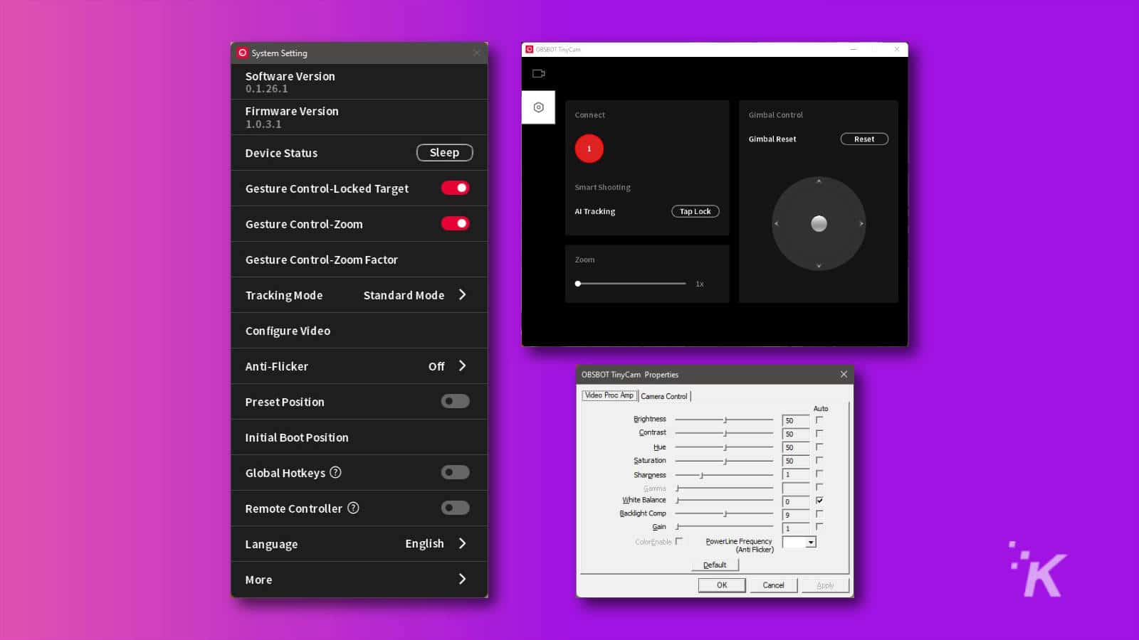 Obsbot tiny software controls