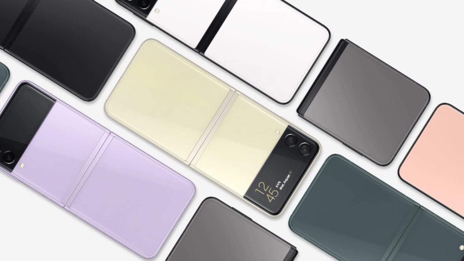 Samsung galaxy z flip 3 handsets arranged to show white, black, gray, pearl, purple, pink and green color options