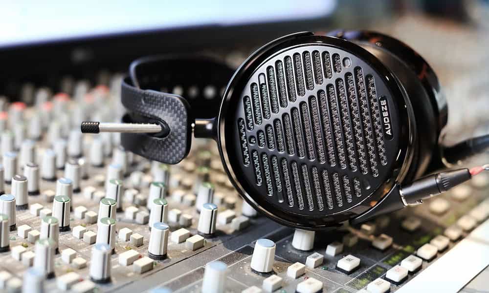 audeze lcd-5 reference planar headphones on mixing desk