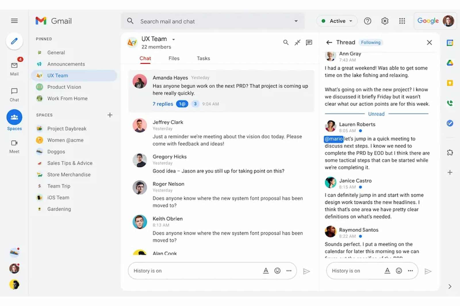 New gmail design showing google spaces integration