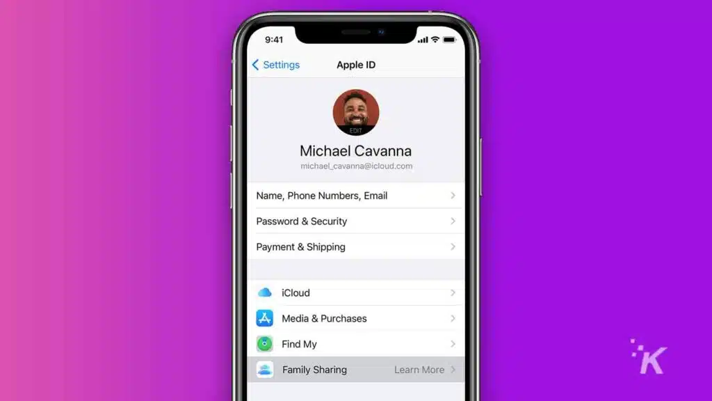 apple family sharing menu on iphone over a purple background