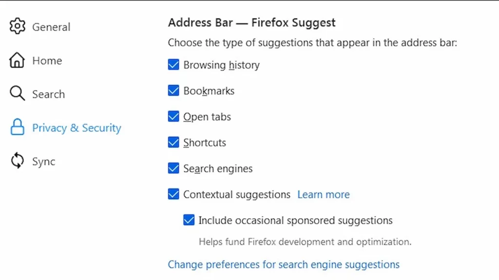 mozilla firefox settings menu showing where to turn off firefox suggest