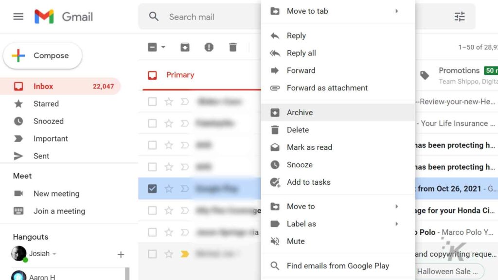 gmail archive feature on desktop