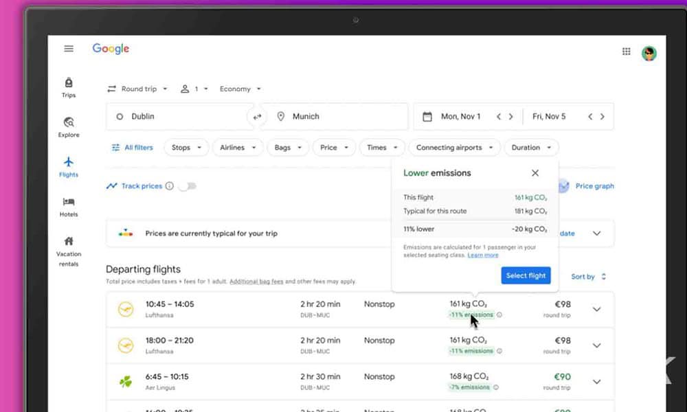 Google Flights can now tell you how bad your trip is for the environment