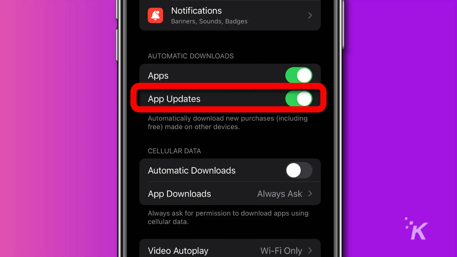 screenshot of ios settings app showing automatic updates for apps