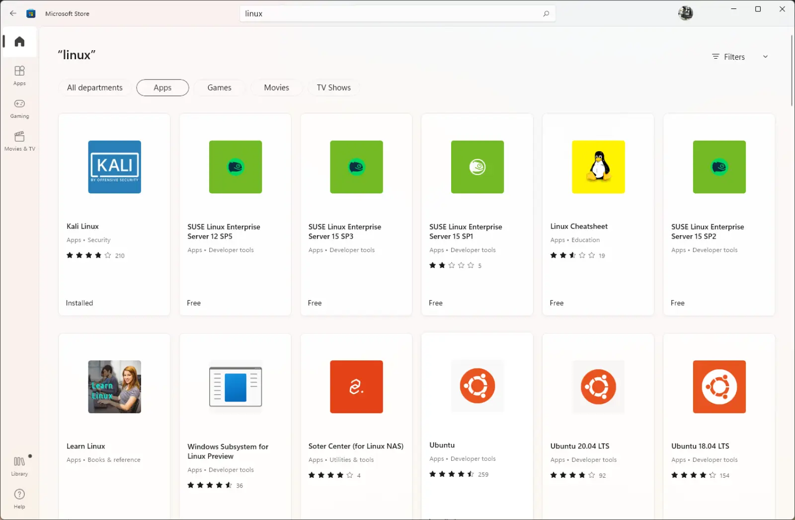 microsoft store showing linux options