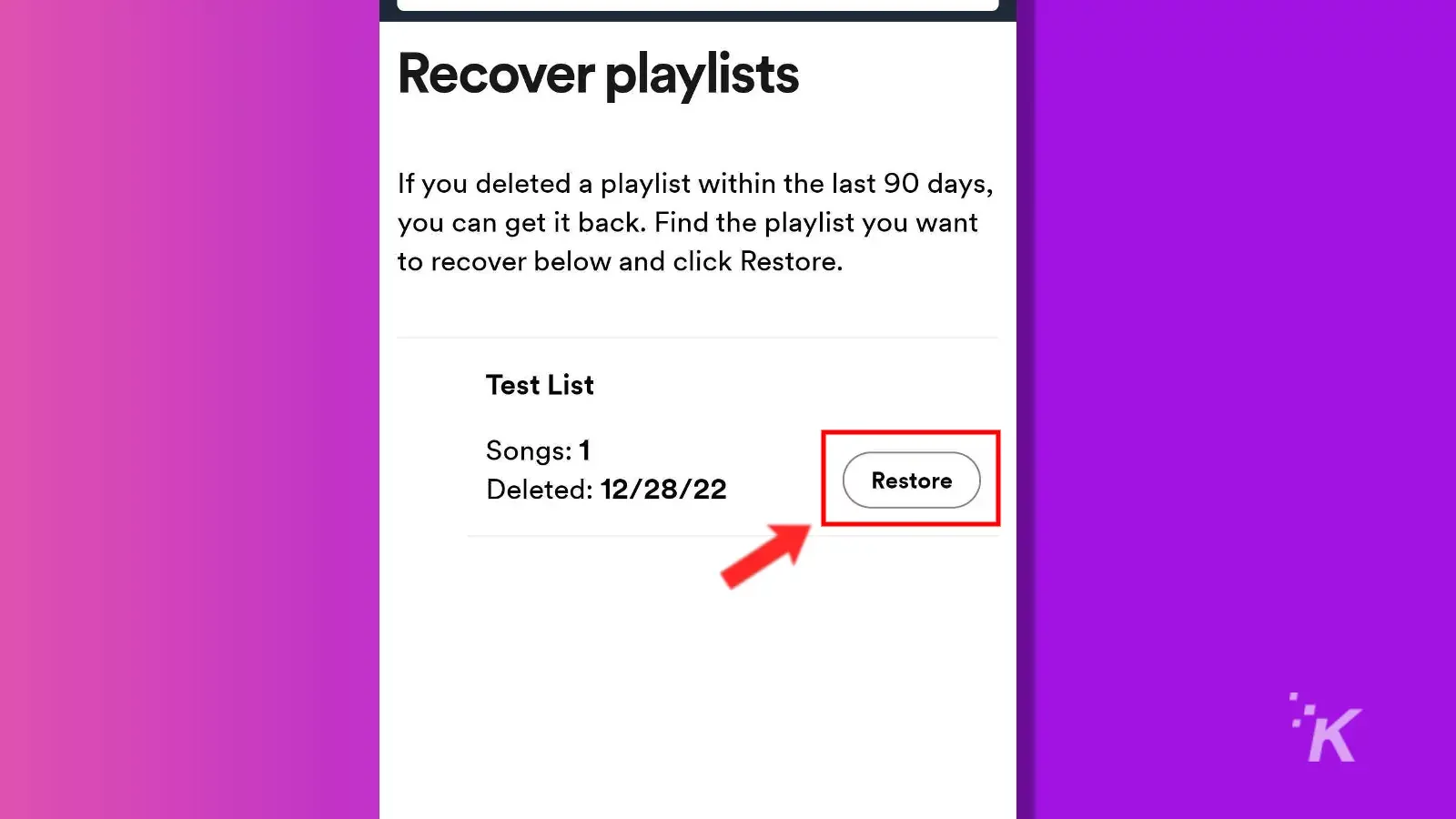 Spotify restore deleted playlist button