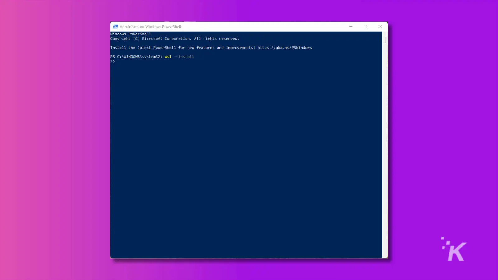 powershell window showing the command to install windows subsystem for linux