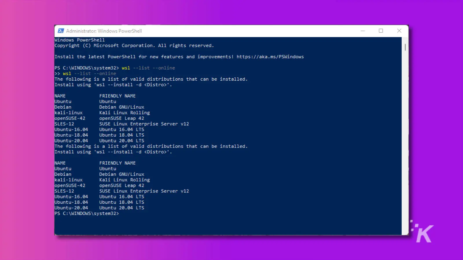 screenshot showing the various linux distributions that you can install inside wsl