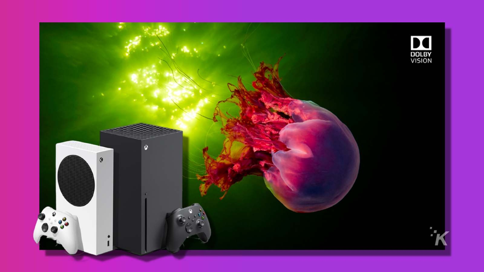 Xbox series s x on a purple background with tv showing off dolby vision