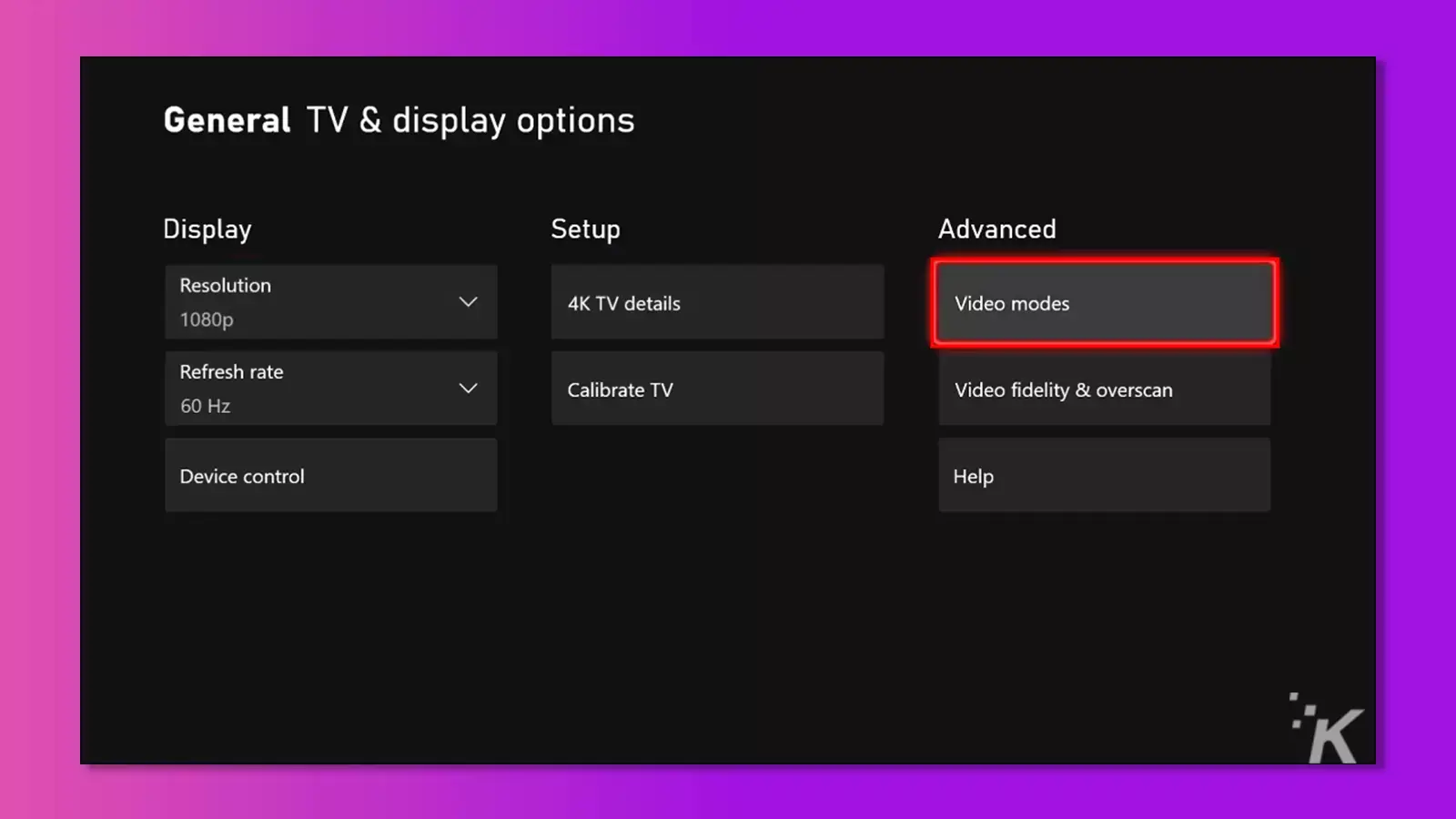 Xbox video modes settings