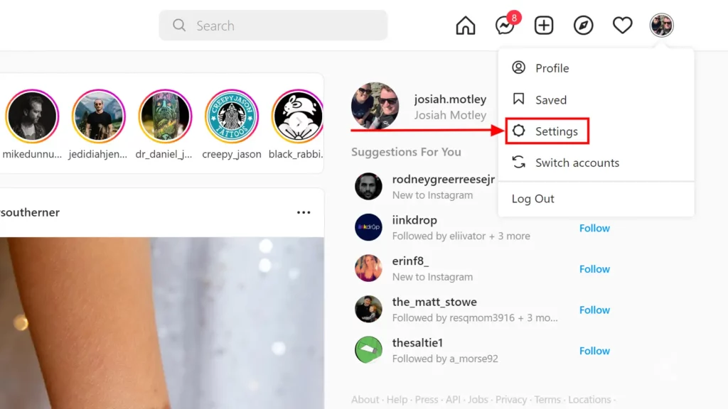 instagram web settings button