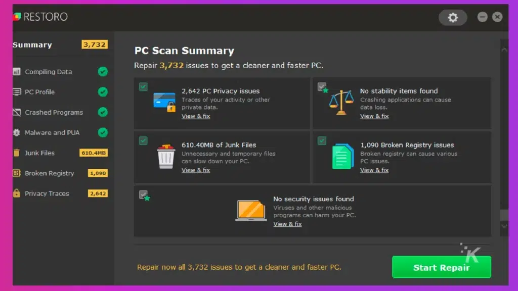 restoro pc repair tool dashboard displaying "start repair" 