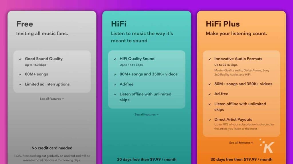 tidal plan options