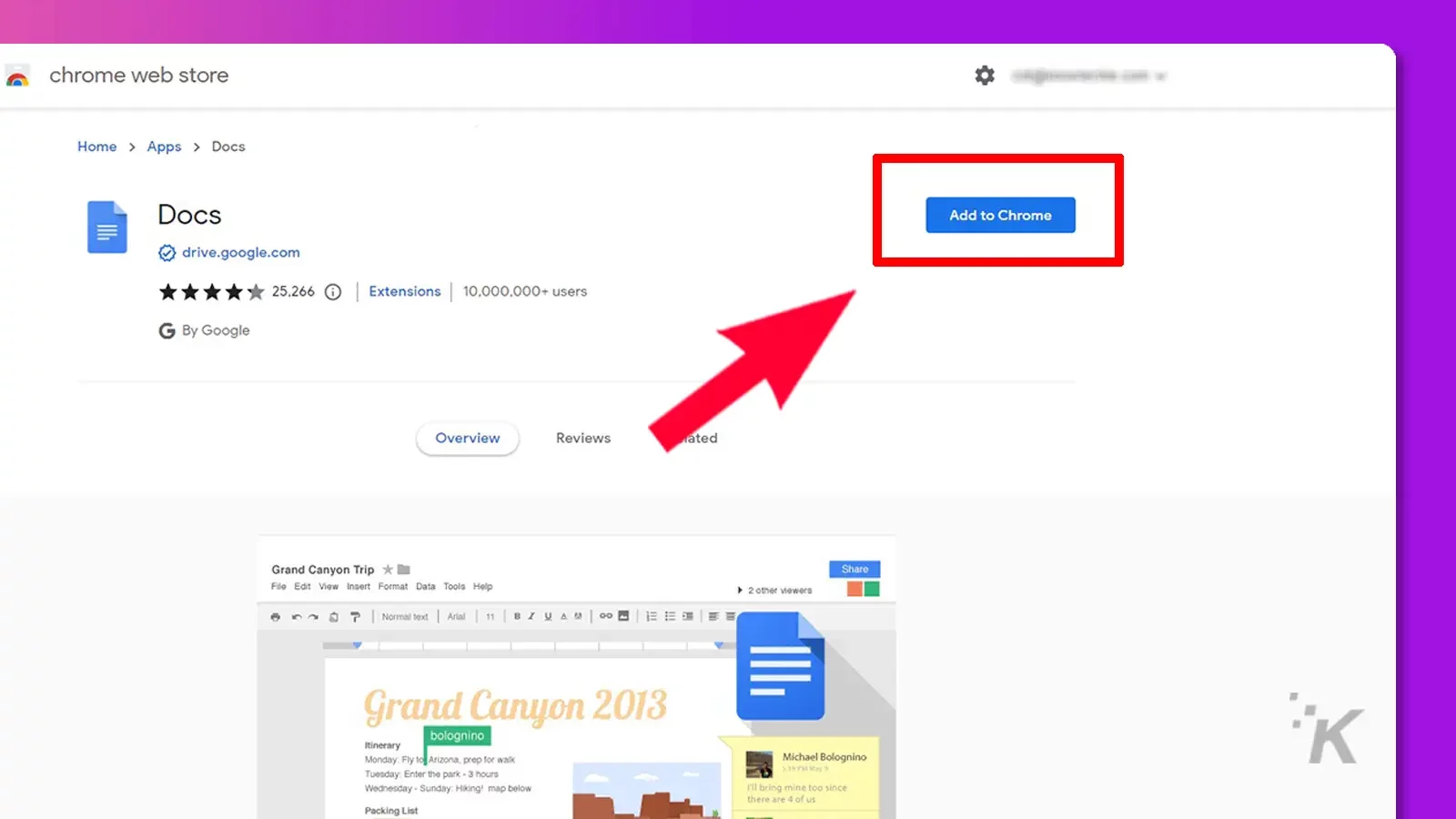 Google drive download extension on chrome top with arrow pointing to download tab in purple background