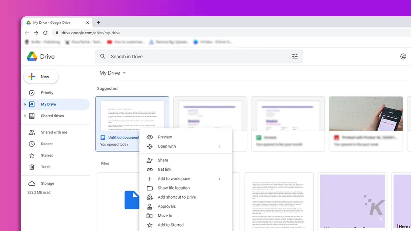 Google drive right click on file image with purple background