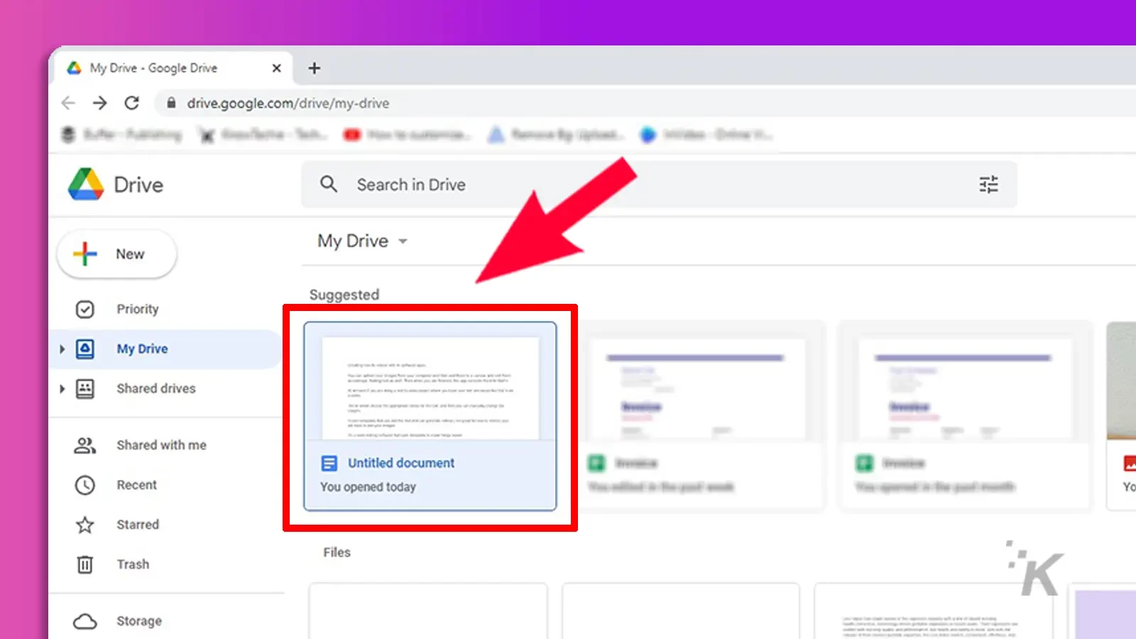 Google drive select files to use offline with red arrow pointing to the file in purple background