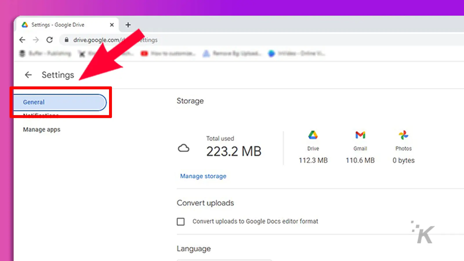 Google drive with red box and arrow pointing to general tab in settings in a purple background.