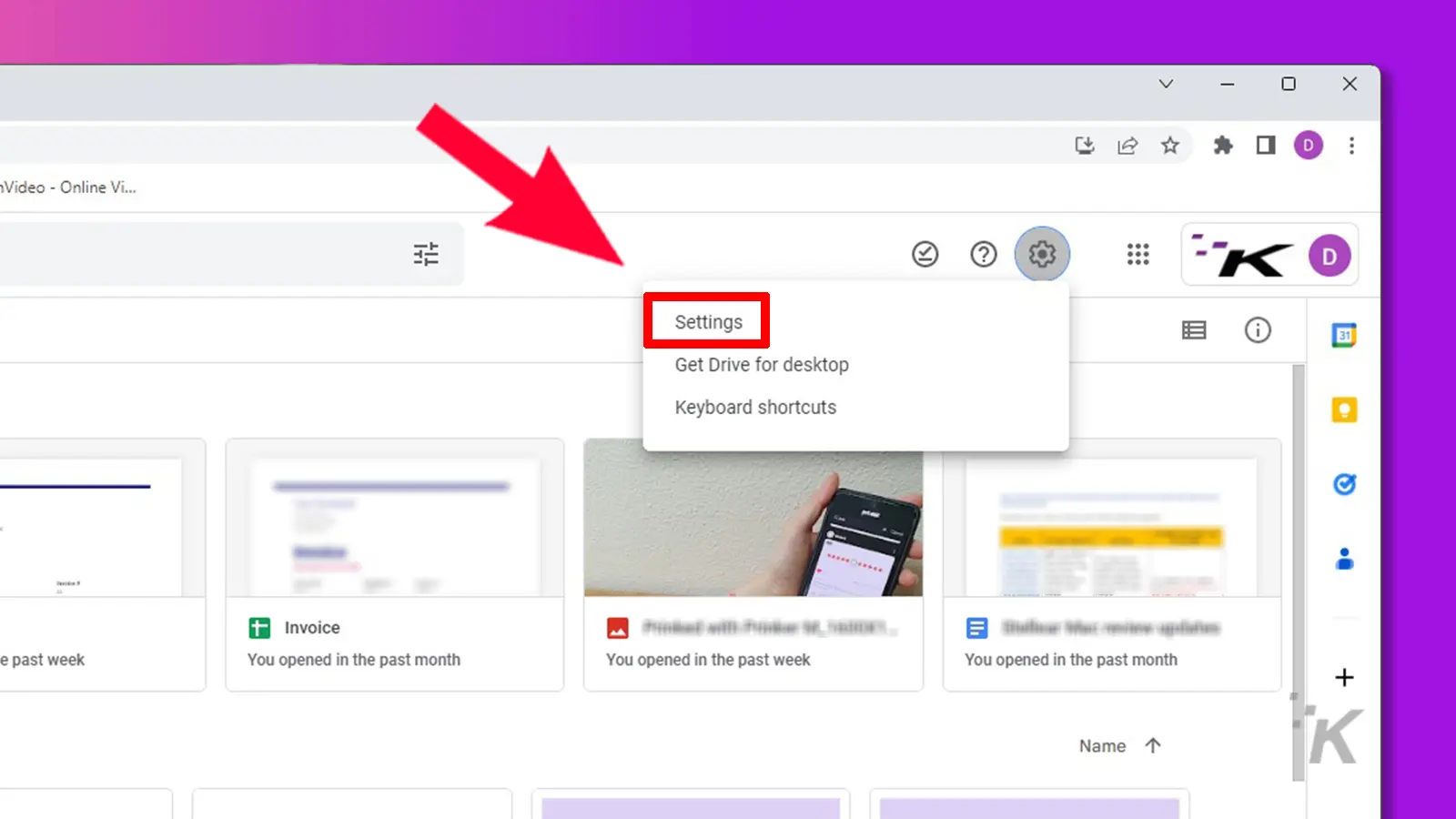 Google drive settings tab with red box and arrow pointing at it in purple background