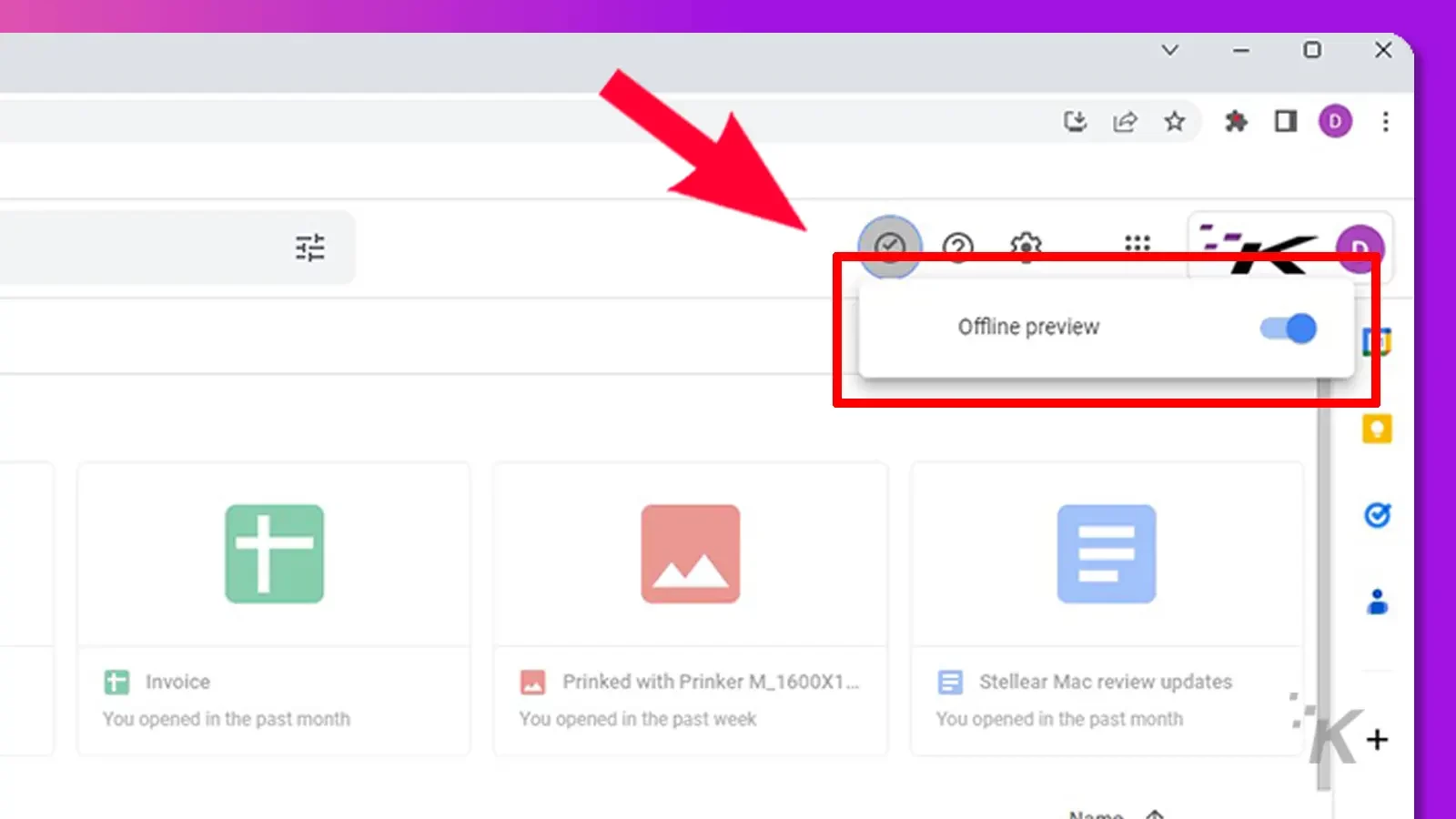 Google drive checkmark at the top right with arrow pointing to it in purple background