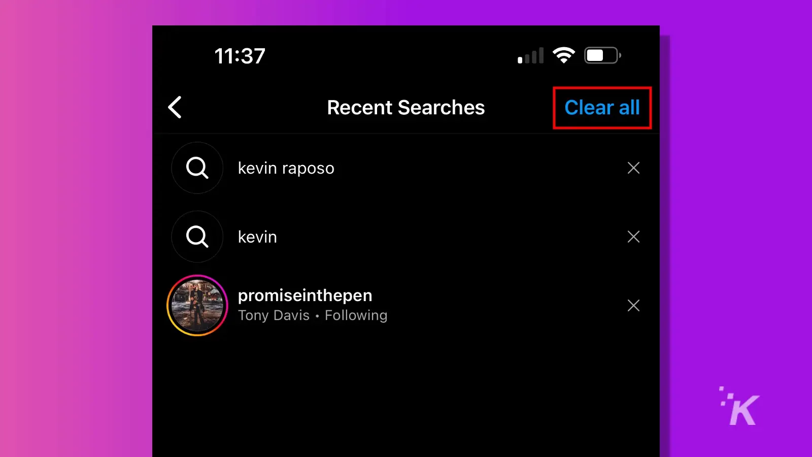 Instagram mobile search clear all history