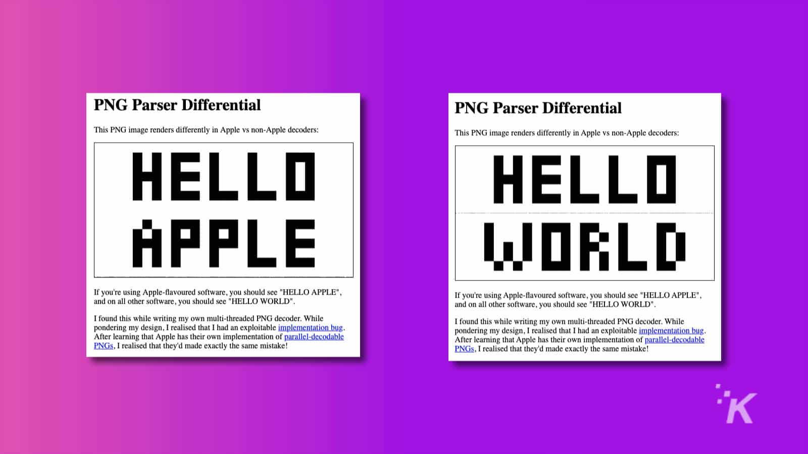 screenshots from png parser showing 'hello apple' from safari browser and 'hello world' on brave browser