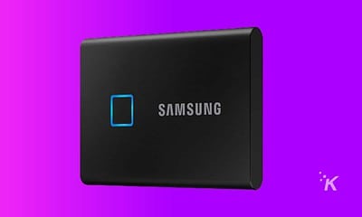 Samsung t7 portable ssd product shot on purple background