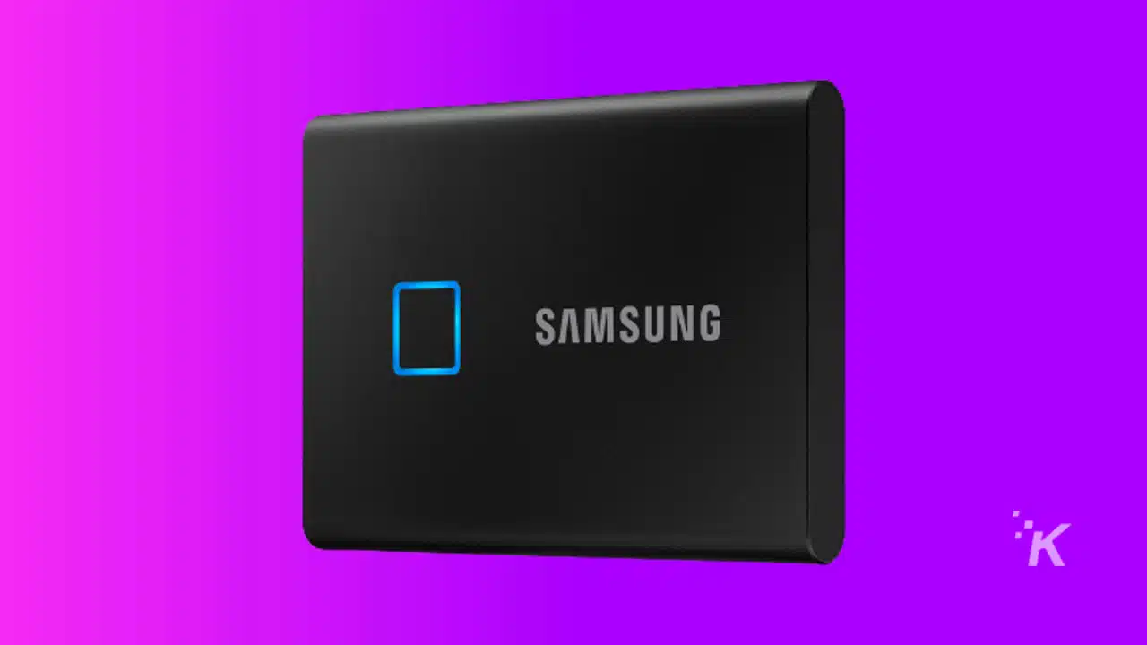 samsung t7 portable ssd product shot on purple background