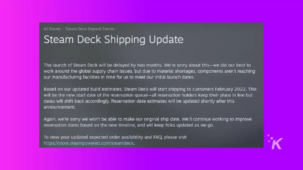 Steam Deck Shipping update