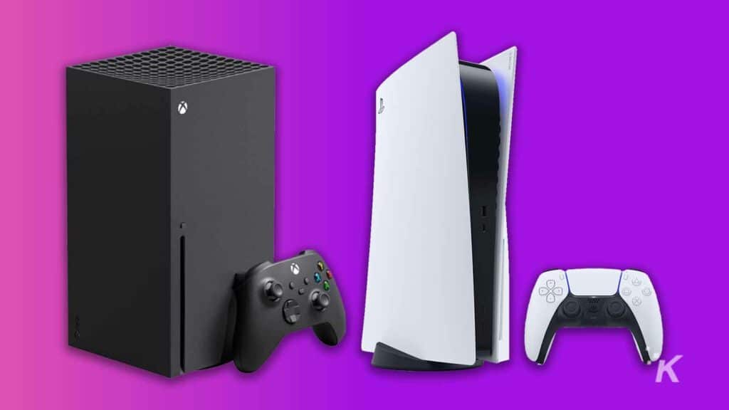 Xbox series x and playstation 5 on purple background