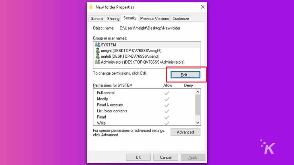 properties folder on windows